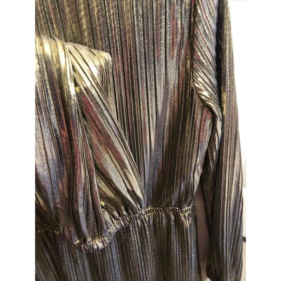 Maggy London Womens Metallic Gold Pleated Long Sleeve V Neck Dress Sz 12 Holiday - Picture 5 of 12